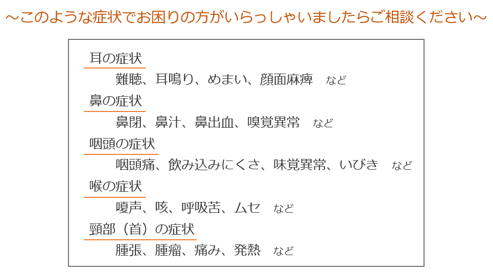 耳の症状…難聴、耳鳴り、めまい、顔面麻痺など。耳の症状…鼻閉、鼻汁、鼻出血、嗅覚異常など。咽頭の症状…咽頭痛、飲み込みにくさ、味覚異常、いびきなど。喉の症状…嗄声、席、呼吸苦、ムセなど。頸部(首)の症状…腫脹、腫瘤、痛み、発熱など。～こんな症状でお困りの方がいらっしゃいましたらご相談ください～